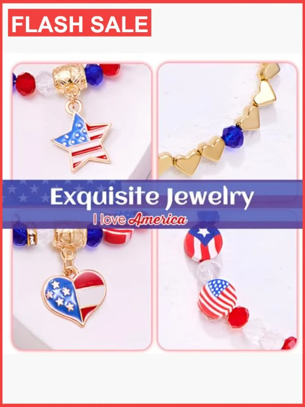 4th of July Patriotic Stretch Bracelets USA Flag Beaded 3+ Kids unisex